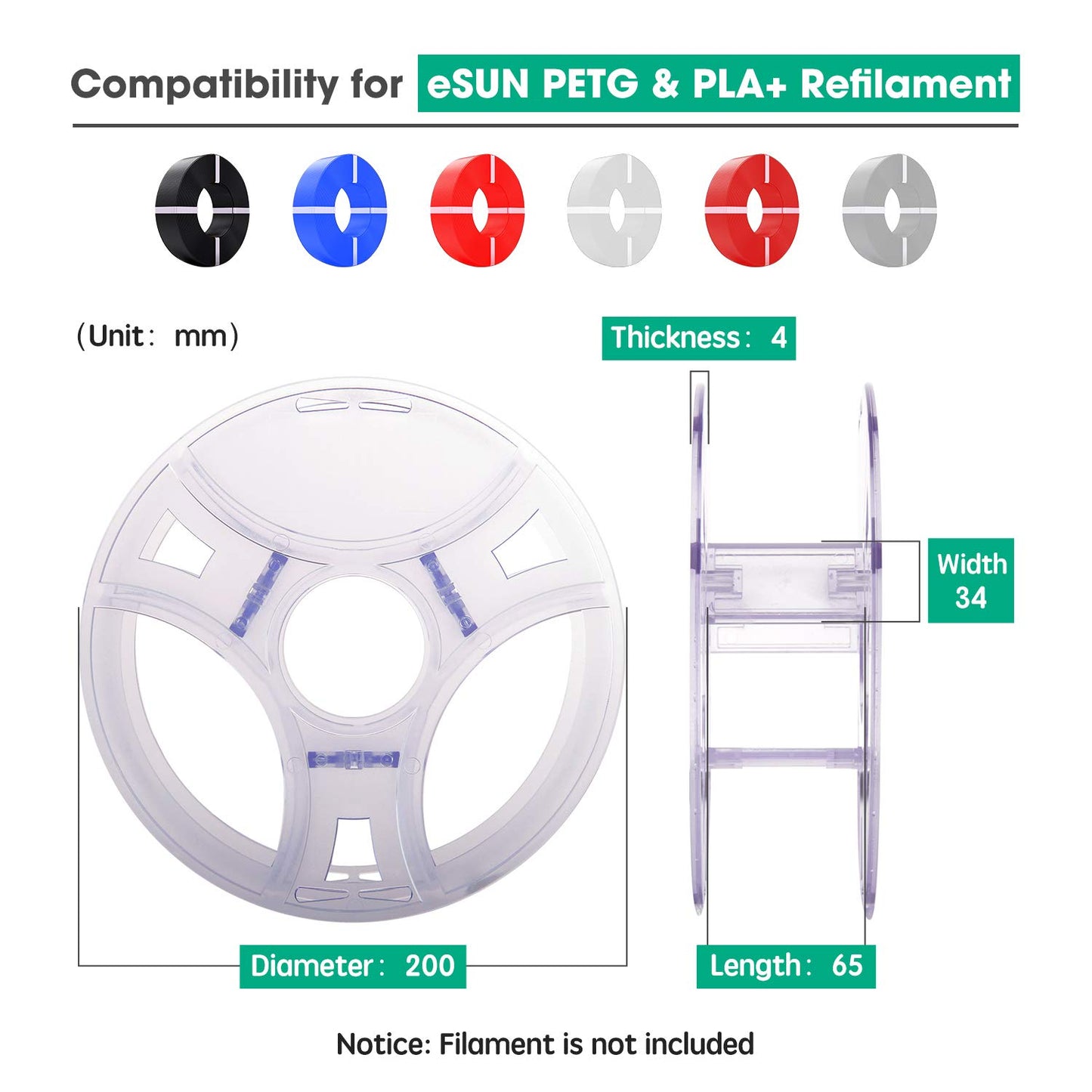 eSUN eSpool Detachable Refilament Reel, PC Hollow Recyclable Filament Holder, Easy Setup Environment-Friendly Replacement Storage Spool, 2 Pack, 200x65mm